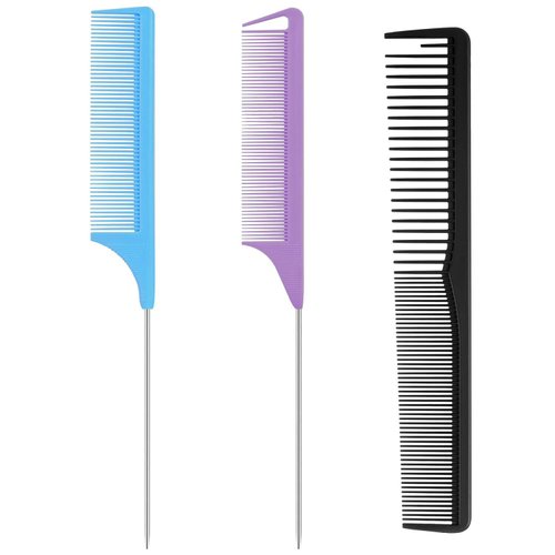 3Pcs Hair Rat Tail Comb Parting Rattail Combs Teasing Fine Tooth Comb Metal Hair Combs Set，Long Steel Pin Rat Tail Teasing Comb，Barber Hair Styling Tools(Black|Blue|Purple)