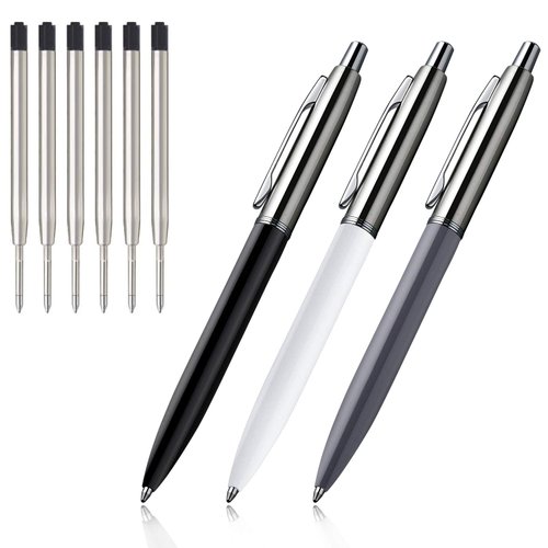 ChaoQ Ballpoint Pen, 3 Pcs Retractable Metal Ballpoint Pens, for Gift, Business, Office, 1.0mm Medium Point Black Ink, 6 Extras Replaceable Metal Refills, (3 Pens and 6 Refills) - Black, White, Gray