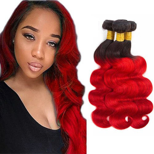 Ombre Red Body Wave Human Hair Bundles Tow Tone Black To Red Bundles Grade 8A Brazilian Remy Hair Extensions Body Wave Hair Bundles For Women 14 16 18 Inch