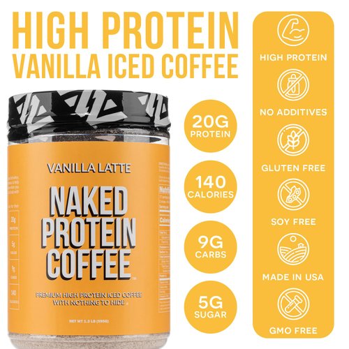 NAKED Vanilla Latte Protein Coffee - Premium Instant Coffee - Protein Shake, Iced Coffee, Protein Drinks, Delicious Keto Friendly and Gluten Free, 17 Servings