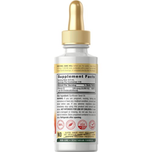 Carlyle Liquid Vitamin D3 | 5000 IU (125 mcg) | 2 oz | Vegetarian, Non-GMO, and Gluten Free Supplement | Vitamin D Liquid Drops for Adults