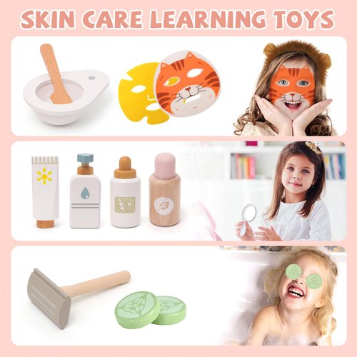 HAPGFS Wooden Makeup Set, Kids Pretend Beauty Salon Toys, Skin Care Learning Toys with Facial Cleanser, Mirror, Face Mask, Play Spa Set for Toddler 3 4 5 6 7+ Year Old Girls Christmas Birthday Gifts