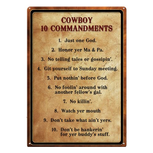 Rivers Edge Products Retro Metal Tin Sign, 17" x 12" Weatherproof Metal Wall Art for Indoor or Outdoor Decor, Vintage Man Cave, Bar, Cabin, Garage, or Home Decor, Cowboy 10 Commandments