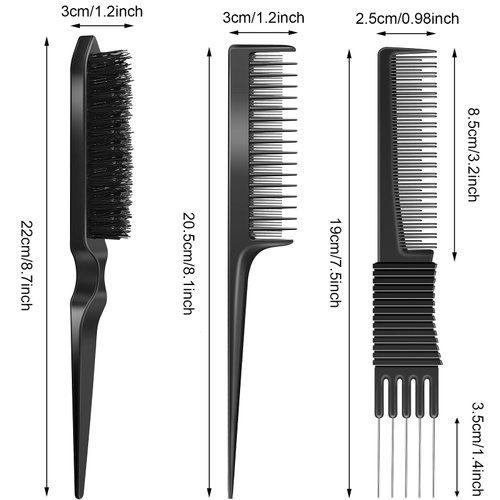 3 Pieces Pick Teasing Combs Hair Brush Set Includes Black Carbon Lift Teasing Combs with Metal Prong, Triple Pin Rat Tail Comb, Nylon Bristle Hair Comb Brush for Women (Black)