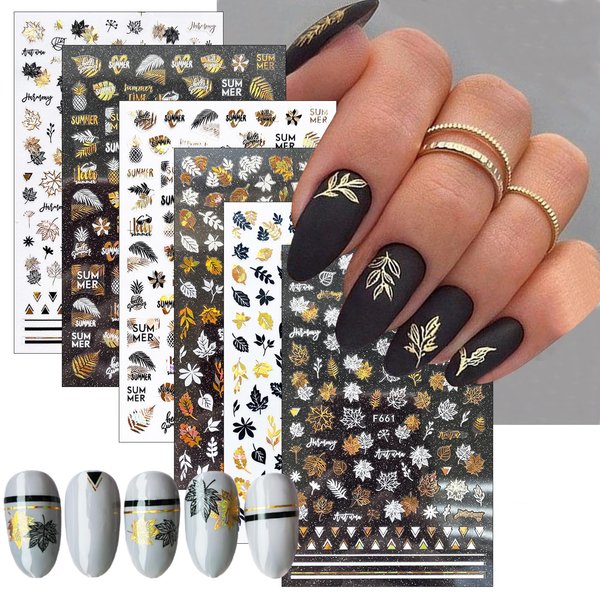 6 Sheets Bronzing Fall Nail Stickers 3D Metallic Self-Adhesive Nail Decals Fall Leaf Thanksgiving Nail Art Supplies Autumn Black Gold Maple Leaves Nail Designs Sticker for Women Manicure Accessories