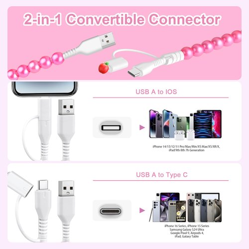 VOFUOE USB C Cable 2 in 1 Multi Charging Cable USB A to USB C Cable USB A to iPhone Cable Fast Charging Cord Bead Chain for Girls Women Extra Long 6.6FT for iPhone 16 Pro Max iPad 10th Gen-Hot Pink
