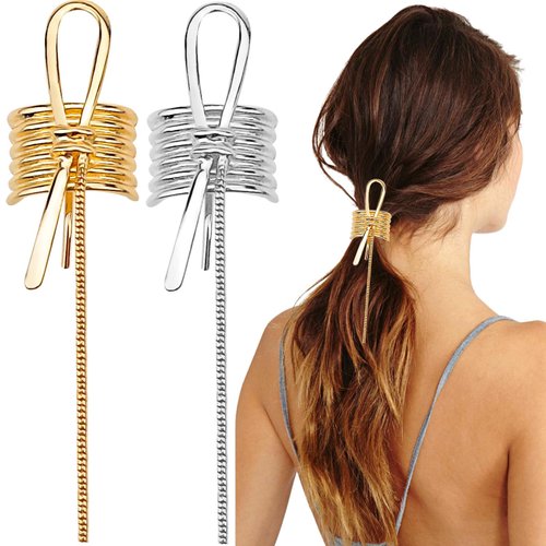 2 PACK Irregular Bow Metal Hair Cuffs with Decorative Rings, Metal Ponytail Holder Hair Clips for Long Hair Hair Accessories for Women (Silver,Gold)