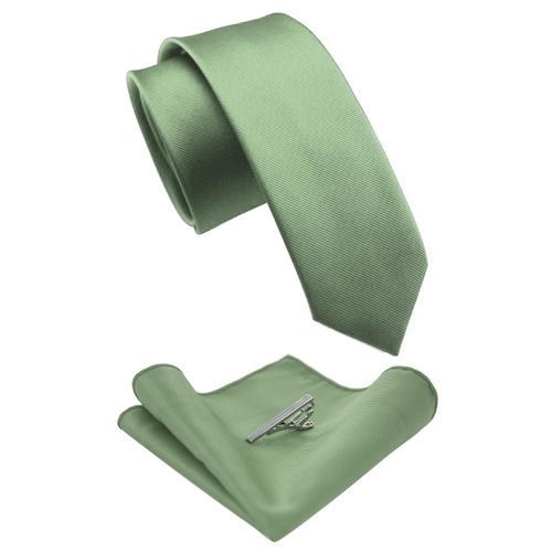 JEMYGINS 2.4" Skinny Sage Green Formal Necktie and Pocket Square Tie Clip Sets for Men(52)