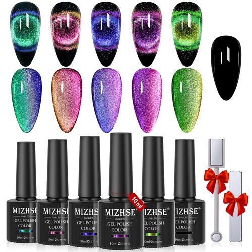 MIZHSE 9D Cat Eye Gel Nail Polish, Magnetic Cat Eye Gel Polish Set, 10ml*6 with 2 Magnets, Classi...
