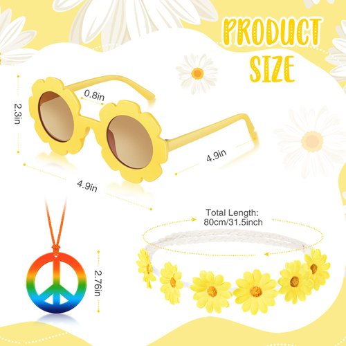 Cindeer 36 Pcs Retro Flower Sunglasses Daisy Flower Headbands Peace Sign Necklace Set, Groovy Party Decorations Hippie Costume Accessories 60s 70s Party Favors for Kids