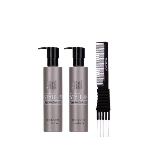 kuss Inebrya Ice Cream Style-In Liss Perfect Smoothing Fluid (6.76 oz) with Teasing Comb Pack of 2