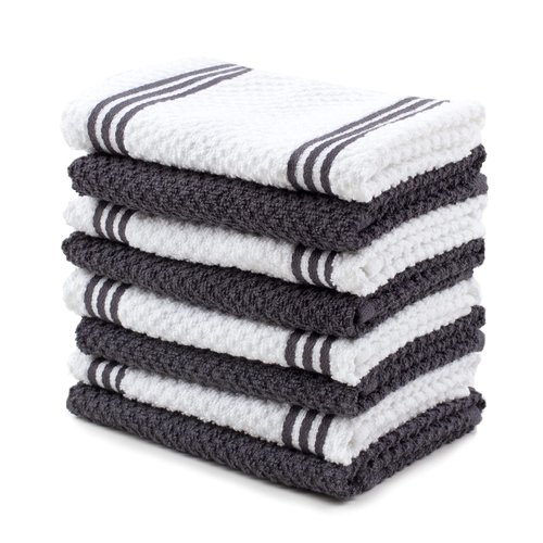 Sticky Toffee Cotton Kitchen Towels Dishcloths Set of 8, Gray and White Tea Towels, Reusable and Absorbent Cleaning Cloths, Oeko-Tex Cotton, 12 in x 12 in