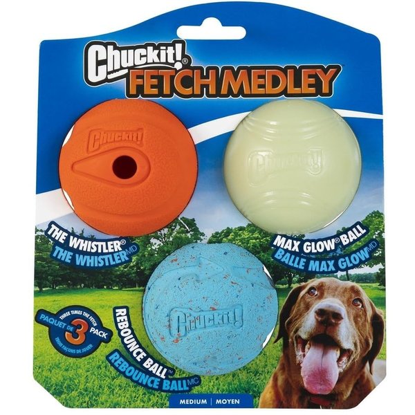 Chuckit Fetch Medley Dog Ball Dog Toys, Medium (2.5 Inch) Pack of 3, for Medium Breeds, Includes Whistler, Max Glow and Rebounce Balls