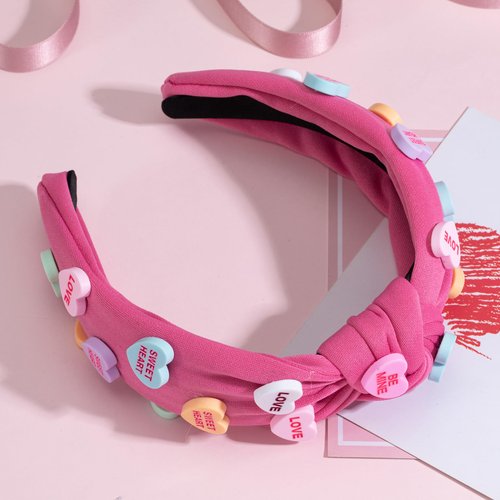 Valentine's Day Heart Candy Embellished Headband Love Heart Charm Knotted Hot Pink Headband Non Slip Wide Top Knot Fashion Hairband Party Gift for Women Girls(rosy)