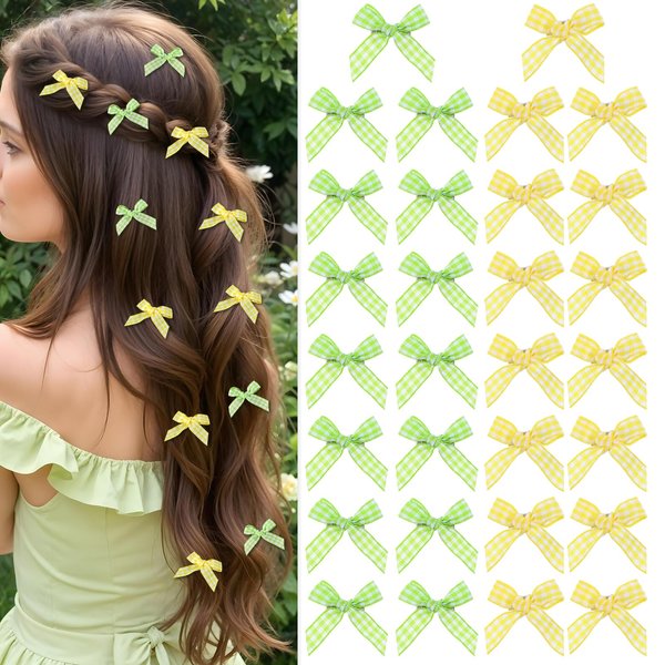 TIESOME 30PCS Mini Plaid Hair Bows, Green & Yellow Checkered Bows Clips for Hair Cute Small Hair Bow Barrettes Ribbon for Women Claw Clips Bowknot Hair Accessories for Women Girls
