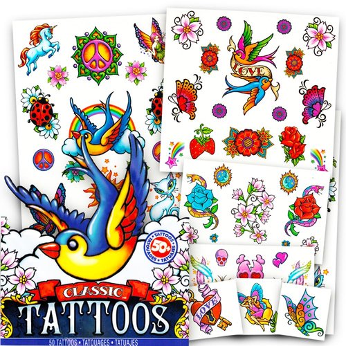 Set of 50 Classic American Traditional Temporary Tattoos for Girls Women, Made in USA