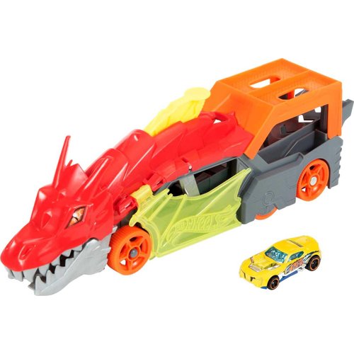Hot Wheels City Dragon Launch Transporter, Spits Toy Cars from its Mouth, Connects to Other Sets, Holds up to 5 Toy Vehicles, Includes 1 Hot Wheels