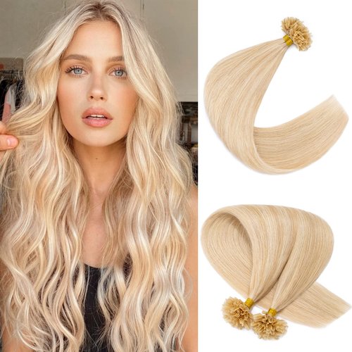 SLEEKALON U Tip Hair Extensions Real Human Hair Pre Bonded Hair Extensions Keratin U Tip Hot Fusion Hair Extensions Highlight Ash Blonde and Bleach Blonde U Tips Hair, 22 Inch 100 Strands 50g #18P613