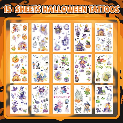 EMOME Glitter Halloween Tattoos for Kids, Halloween Party Supplies Tattoos Stickers for Boys Girls, Kids Tattoos Bulk for Halloween Party Favors Decorations