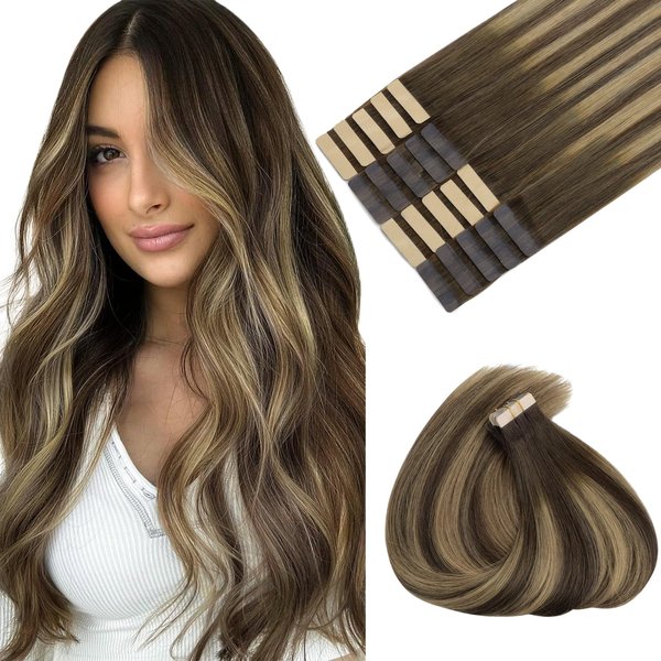 MAXITA Tape in Hair Extensions Human Hair 16inch 50g 20pcs Chocolate Brown to Caramel Blonde Real Human Hair Extensions Seamless Hair Extensions Remy Silky Straight Hair Extensions