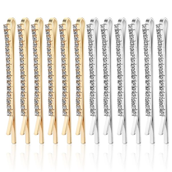 12 PCS Rhinestone Bobby Pins Set Delicate Decorative Silver Gold Fancy Crystal Hair Clips Shiny Rhinestone Barrettes Diamond Hair Accessories for Women Ladies Girls Wedding Prom Party