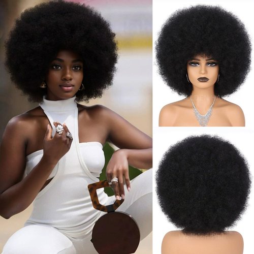 Wallden Hair 70s Afro Wigs for Black Women Glueless Wear and Go Wig Curly Afro Puff Heat Resistant Synthetic Wigs for Daily and Party Halloween Costume Use (1B)