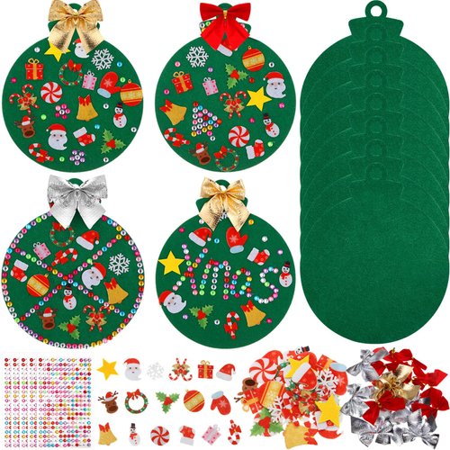 12 Pcs 6 Inch Felt Christmas Ball Craft Kit Christmas DIY Ornaments with 221 Self Adhesive Christmas Felt Stickers 12 Christmas Bows and 5 Gem Stickers for Christmas DIY Home Activities Supplies