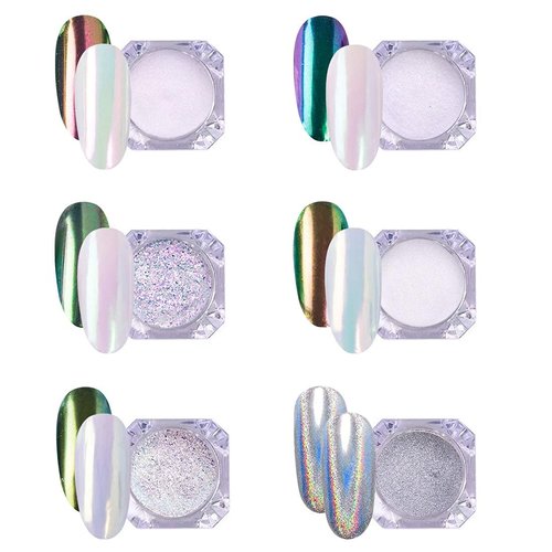 AIMEILI Pearl Chrome Nail Powder 6 Boxes Nail Art Manicure Powder Set, 1×0.5g Holographic Powder, 5×0.5g Chrome Nail Powder