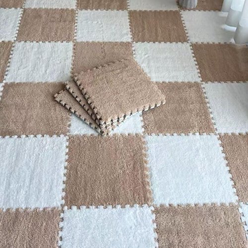 Typutomi 10pcs Plush Puzzle Foam Floor Mat, Soft Fluffy Interlocking Square Foam Tiles Area Rugs Carpet for Parlor Bedroom Decoration(11.8x11.8in, White & Apricot)