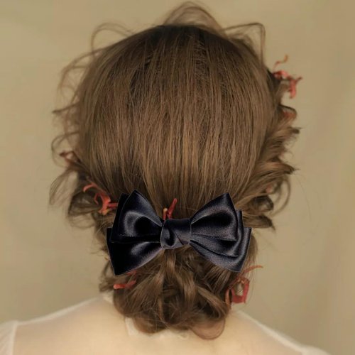 Xeahung 2 Pcs Hair Ribbon Bow Hair Clips Pink Ribbon Bow Clips for Women Bows Ribbon Hairpins Ponytail Barrettes with Bows Metal Clips Barrette Hair Bows for Toddler Girls Teens Adults (Black)
