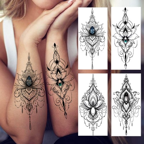 TASROI 32 Sheets Sexy Black Lotus Temporary Tattoos For Women Girls Indian Tribal Lace Tatoo Sticker Neck, Mandala Flower Butterfly Rose Tattoo Temporary Dreamcatcher Elephant Henna Tattoo Kit Adults