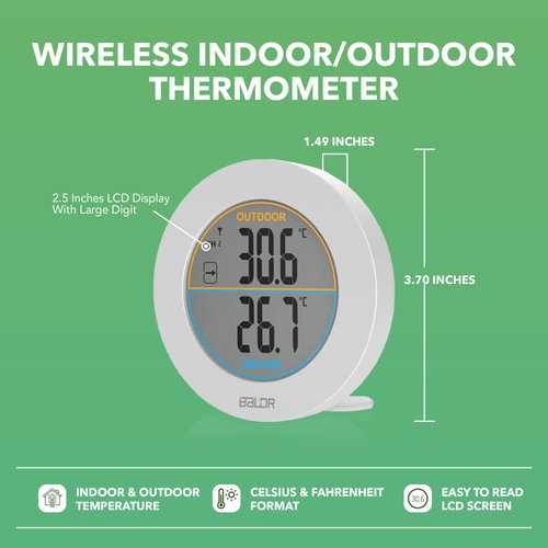 BALDR Wireless Indoor/Outdoor Thermometer - Surface or Wall Mounted Temperature Monitor, 2.5” LCD Display Thermometer with Min/Max Records & Trend Arrows Sign - Portable Home Weather Station (White)