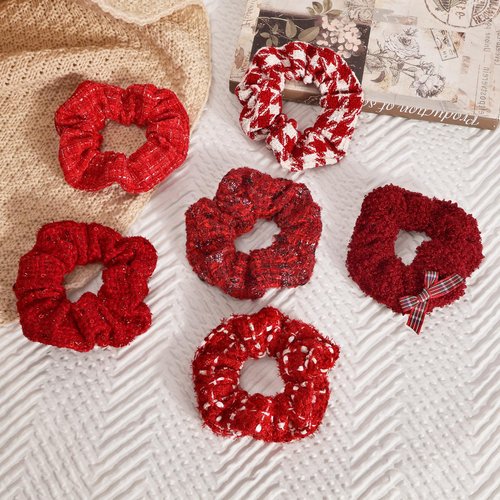 Yonchic 6-Piece Velvet Elastic Hair Ties, Gentle Style Christmas Scrunchies for Women Long Thick Hair, No Damage Hair Scrunchies Rubber Bands Accessories (Red)