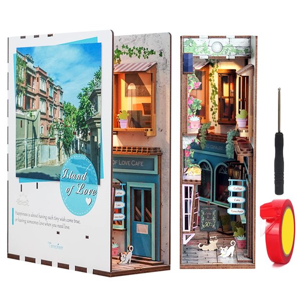 Spilay DIY Dollhouse Miniature Book Nook Assemble Kit,3D Wooden Puzzle Bookshelf Insert Decor with Sensor Light,Bookends Model Build-Creativity Kit for Adults Women Birthday Gift (Island of Love)