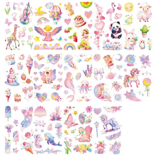 Oottati 14 Sheets Glitter Pink Cute Temporary Tattoos Giraffe Panda Rabbit Balloon Cat Heart Violin Butterfly Whale Star Suit for Kids Adults
