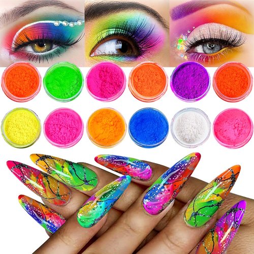 Neno Pigment Powder for Nails, 12 Colors Fluorescent Rainbow Resin Pigment Powder for Acrylic Gradient Smoke Nails, High-Gloss Paint Pigment Powder Dust for Halloween Manicure Eyeshadow Liner Makeup