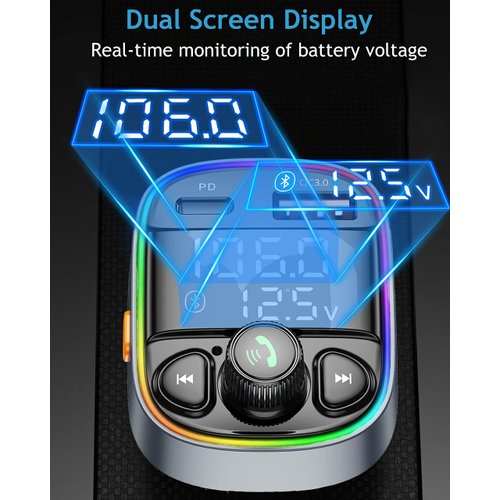 LIHAN AUX USB C Bluetooth Car Adapter, Wireless Handsfree Call, Plug for FM Transmitter Radio Receiver, QC3.0 & Type-C USB Car Charger Port, 7 Color Backlit with 2 LED Displays, TF Card & Music Player