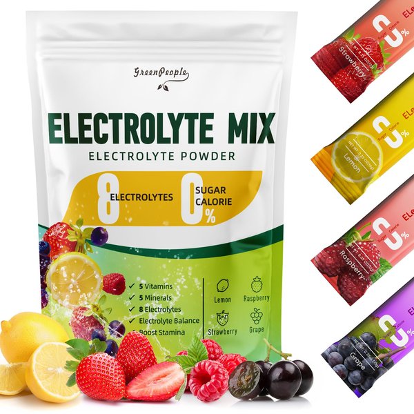 GREENPEOPLE Electrolytes Powder No Sugar - Sugar Free Hydration Electrolyte Packets - Fruit Flavors Electrolyte Drink Mix - 8 Electrolytes 5 Vitamins & Minerals Vegan Non-GMO 16 Sticks