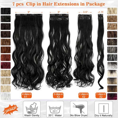 Cephermer Hair Extensions Wavy 7 PCS Clip in Hair Extensions 24" Long and Thick 170g Synthetic Hairpieces Double Weft Natural Soft Hair for Women Natural Black Mix Silver Grey