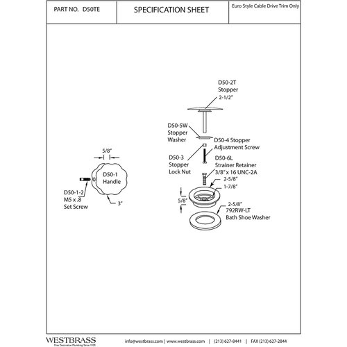 Westbrass European Style Trim for Cable Drive Bath Waste, Matte Black, D50TE-62