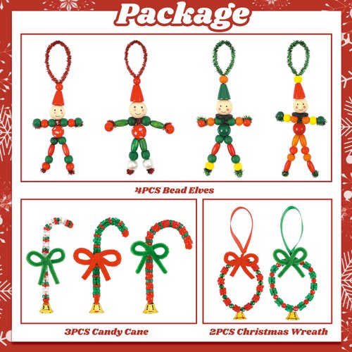 Happy makers 390PCS Christmas Crafts Create Your Own Bead Elves DIY Beads Ornaments Kits Christmas Tree Decoration Include Candy Cane,Wreath,Elf,Xmas Holiday Gifts Decor Party Decorations Supplies
