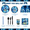Mpanwen Blue Video Game Party Supplies - 212Pcs Gamer Gaming Party Decoration For Boys Birthday Party - Table Cover, Plates, Cups, Napkins, Utensils, Hanging Swirls, Banner, Balloons Serves 16 Guests