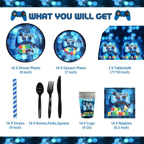 Mpanwen Blue Video Game Party Supplies - 212Pcs Gamer Gaming Party Decoration For Boys Birthday Party - Table Cover, Plates, Cups, Napkins, Utensils, Hanging Swirls, Banner, Balloons Serves 16 Guests