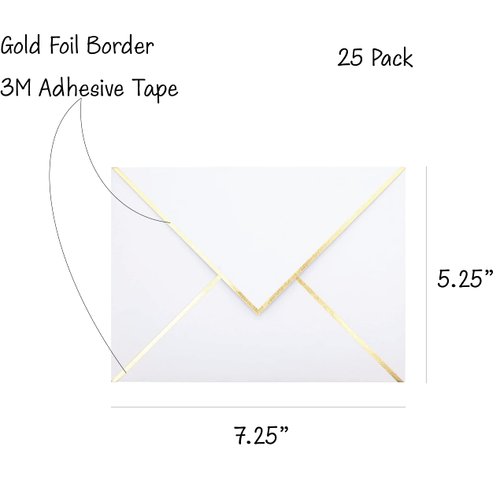 A7 Envelopes - 25-Pack V Flap Foil Border Luxury Mailing Envelopes for 5" x 7" Cards - for Wedding, Invitations, Baby Shower, Photos, Graduation, Birthday, Bridal Shower - 5.25" x 7.25" (White)