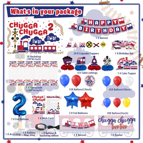 LXlucktim Chugga Chugga Two Two Party Decorations, 133 Pcs Ttrain Second 2nd Birthday Party Supplies for Boys Baby - Banner, Cake Toppers, Balloons, Tablecloth, Centerpieces, Crown, Poster