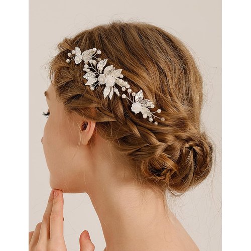 Teyglen 3Pcs Leaf Bride Wedding Hair Comb and Gold Leaf Pearl Hair Pins Comb Floral Flower Headpiece Wedding Hair Accessories Jewelry for Women (Silver)