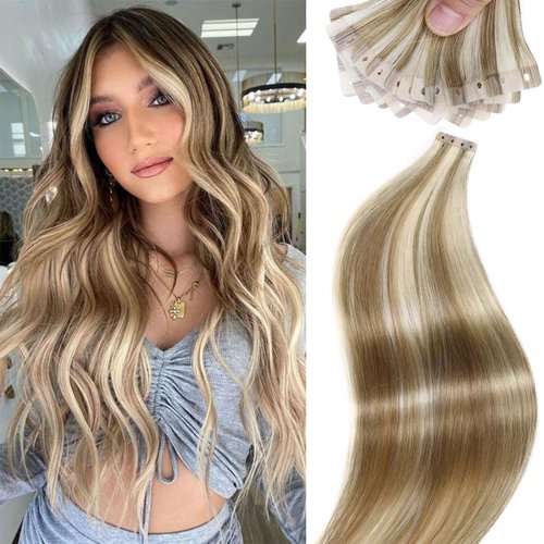 FANCEE Glueless Human Hair Hair Extensions Highlighted Brown and Blonde Tape in Hair Extensions with Holes Invisible Seamless Skin Weft Hair Extensions for Women (50g 20Pcs, 18 Inch)