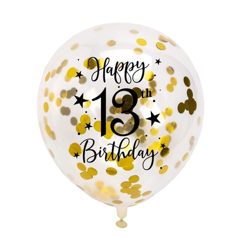 Gold 13th Confetti Latex Balloons, Girls or Boys Happy 13 Years Birthday Party Balloon Decoration With Confetti, 12in, 16 Pack