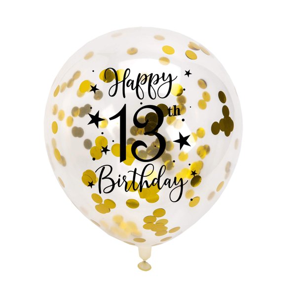 Gold 13th Confetti Latex Balloons, Girls or Boys Happy 13 Years Birthday Party Balloon Decoration With Confetti, 12in, 16 Pack