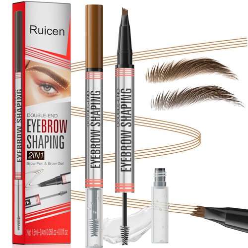 Eyebrow Pencil with Eyebrow Gel, Ruicen 2-in-1 Microblading Eyebrow Pen and Brow Gel with 4 Fork Tip, Real-Looking-Fill Define and Shape Brows, 24H Wear, Waterproof & Smudge-proof, Light Brown